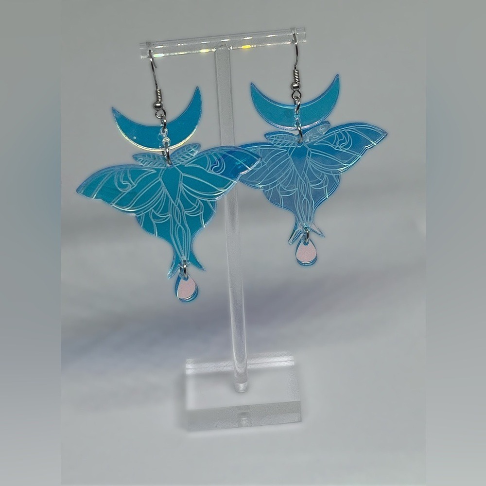 Luna Moth Crescent Moon Witchy Dangle Earrings Blue Iridescent Acrylic Whimsical